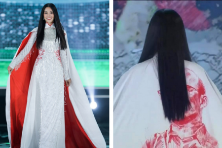 Tiểu Vy gây tranh cãi khi diện trang phục áo dài có in HLV Park Hang Seo ở phía sau lưng tại Chung kết Hoa hậu Việt Nam 2020